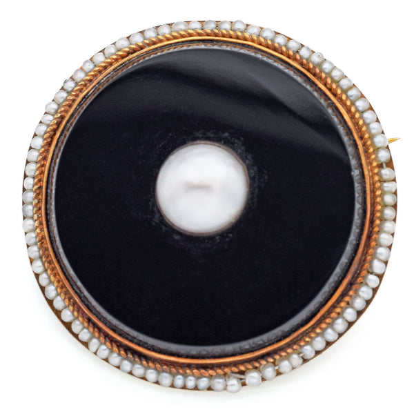Antique 14K Yellow Gold Onyx, Pearl & Seed Pearl Mourning Round Brooch Pin 29 mm