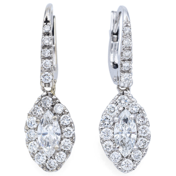Vintage 18K White Gold 1.56 TCW Diamond Leverback Marquise Dangle Earrings