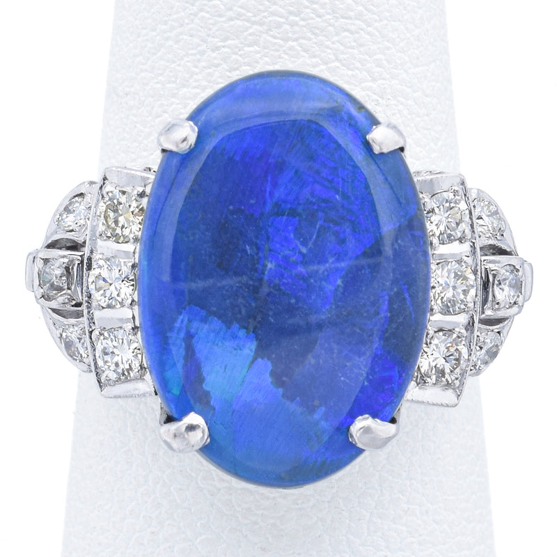 Antique 正白金 Platinum 6.34 Ct Black Opal & 0.36 TCW Diamond Cocktail Ring Size 6