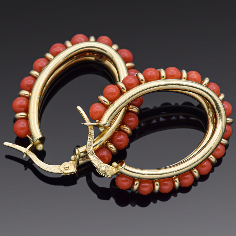 Vintage 18K Yellow Gold Red Coral Oval Hoop Dangle Earrings 25 x 22 mm