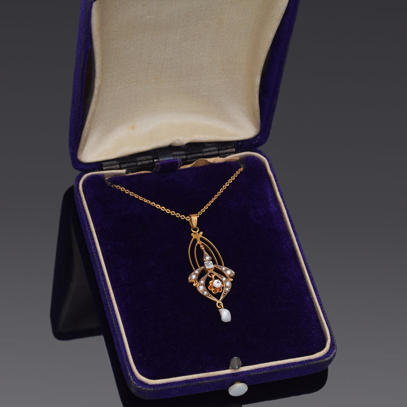 Antique 10K Yellow Gold Pearl, Zircon & Diamond Pendant Necklace + Box