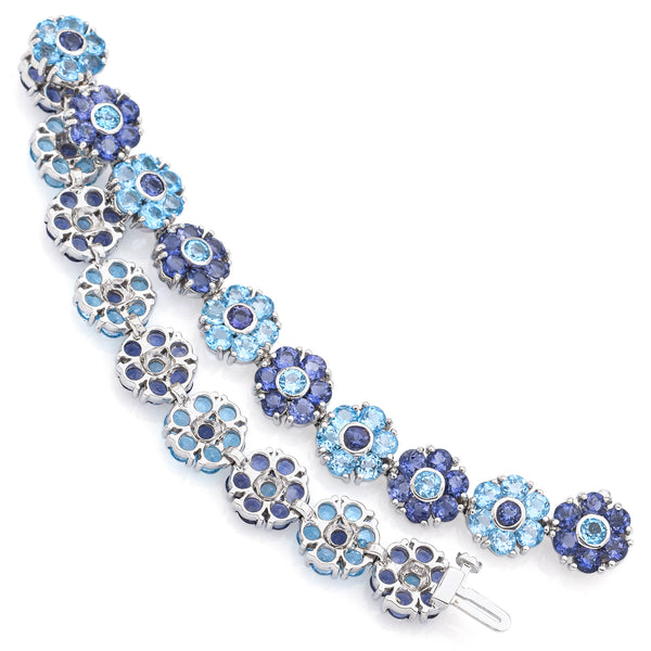 Estate 14K White Gold Blue Topaz & Tanzanite Floral Link Tennis Bracelet
