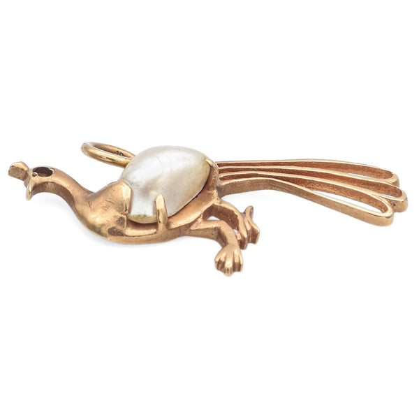 Vintage 14K Yellow Gold Pearl Peacock Charm Pendant