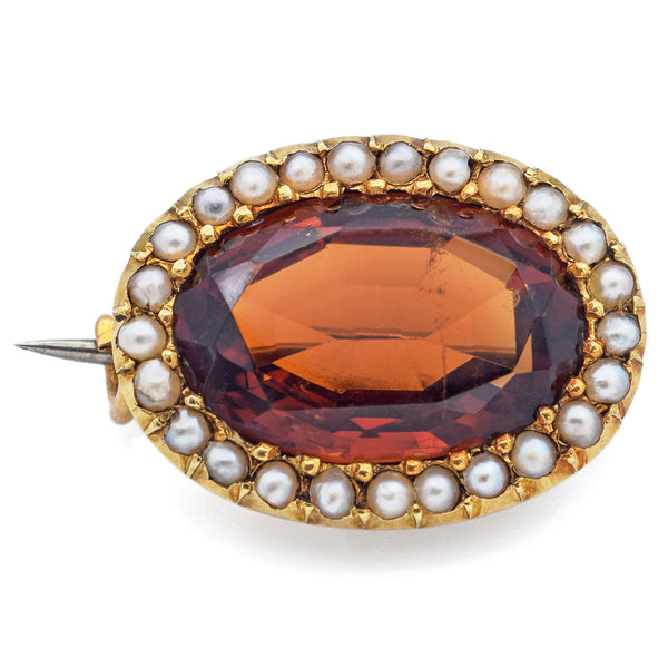 Antique 15K Yellow Gold 6.92 Ct Orange Topaz & Seed Pearl Oval Brooch Pin