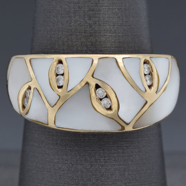 Estate ASH Signed Mother of Pearl and Diamond 14K Yellow Gold Band Ring Size 7