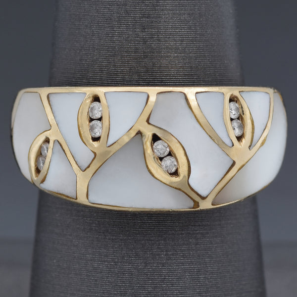 Estate ASH Signed Mother of Pearl and Diamond 14K Yellow Gold Band Ring Size 7
