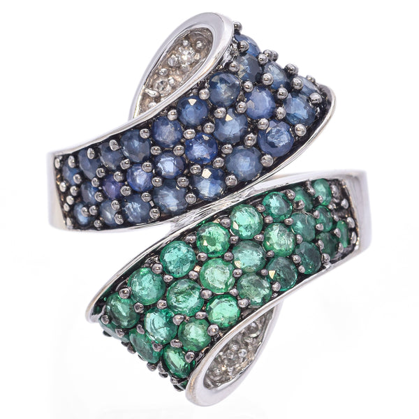 Estate 14K White Gold Sapphire, Emerald & Diamond Bypass Cocktail Ring Size 8.25
