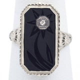 Antique 18K White Gold Black Onyx & Diamond Floral Rectangle Ring Size 6