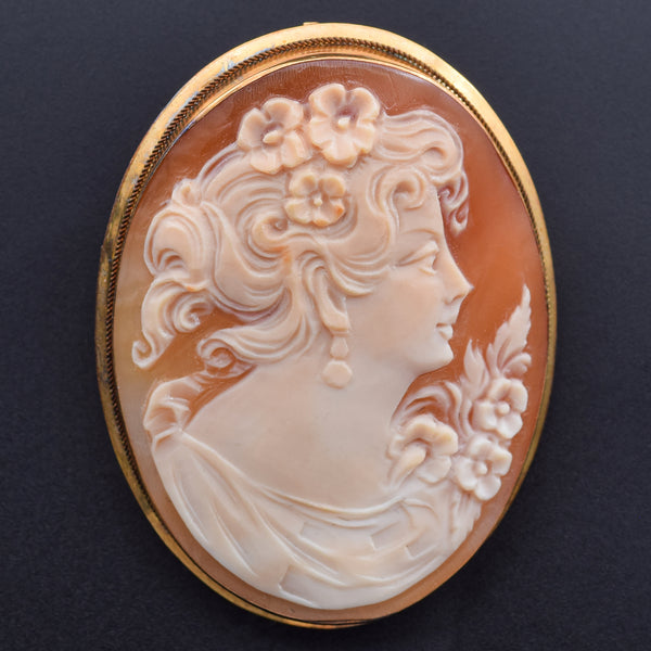 Antique 18K Yellow Gold Cameo Shell Oval Brooch Pin Pendant