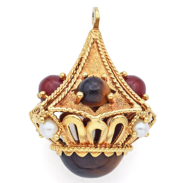 Vintage Gikks Tiger's Eye, Pearl & Carnelian 18K Yellow Gold Lantern Pendant