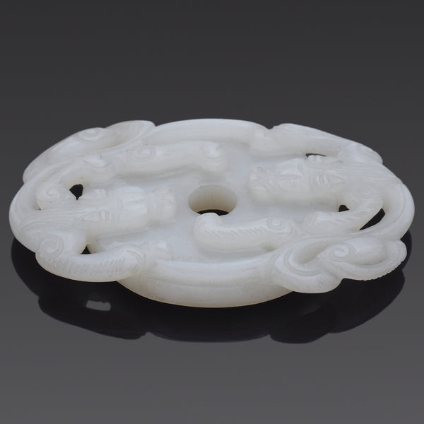 Antique White Mutton Fat Jade Carved Dragon Bi Disc Figurine Pendant