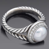 David Yurman Sterling Silver Pearl & Diamond Cable Ring Size