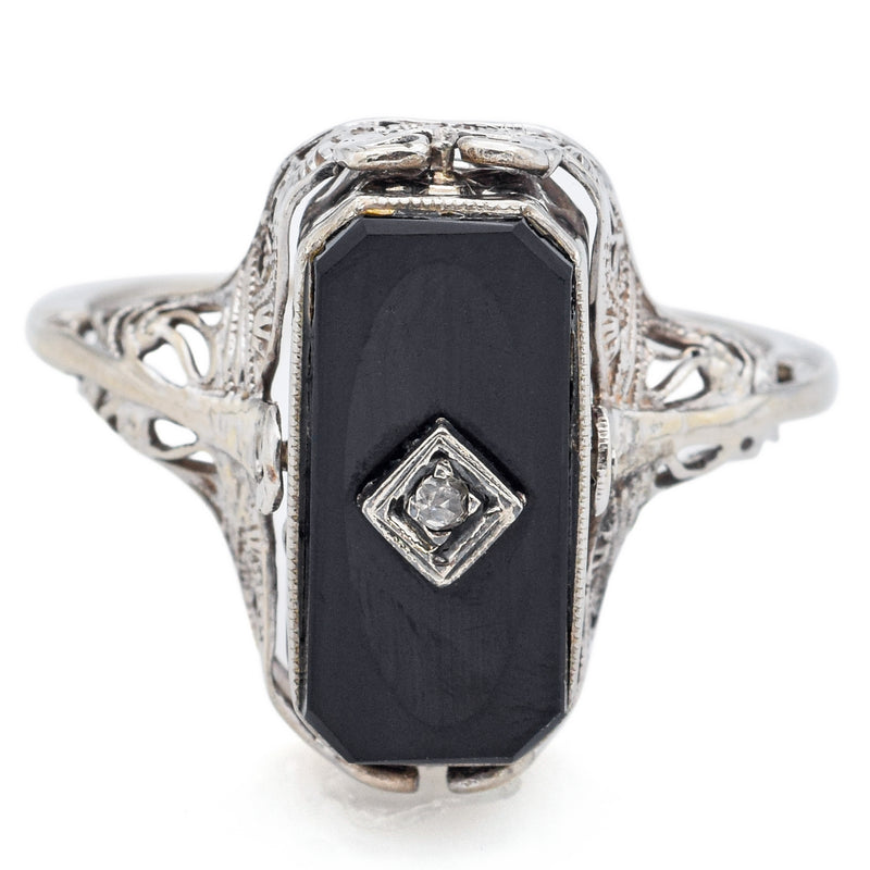 Vintage 14K White Gold Ruby, Onyx & Diamond Spinner Ring Size 8.5
