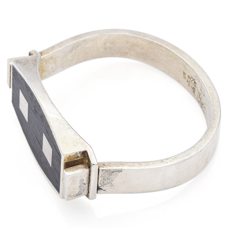 Puig Doria Spain Vintage Sterling Silver Wood Inlay Modernist Bangle Bracelet