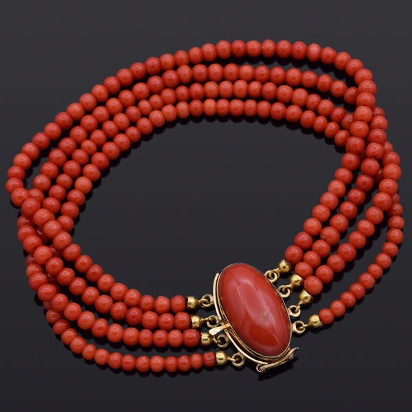Vintage 18K Yellow Gold Red Coral Beaded Multi-Strand Bracelet