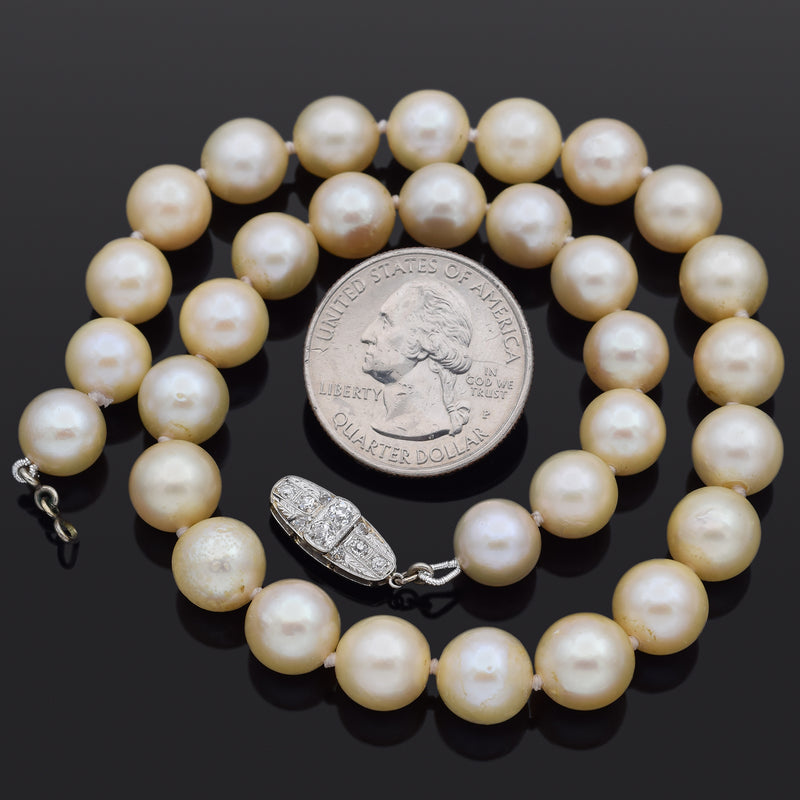 Antique 14K White Gold 9-10 mm Pearl & Old Euro Diamond Beaded Strand Necklace