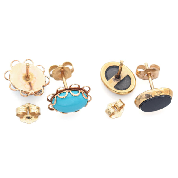 Lot of 2 Pairs 14K Yellow Gold Onyx & Turquoise Stud Earrings
