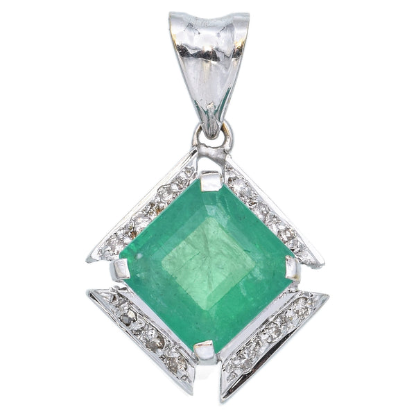 Vintage 17K White Gold 2.28 Ct Emerald & Diamond Square Pendant