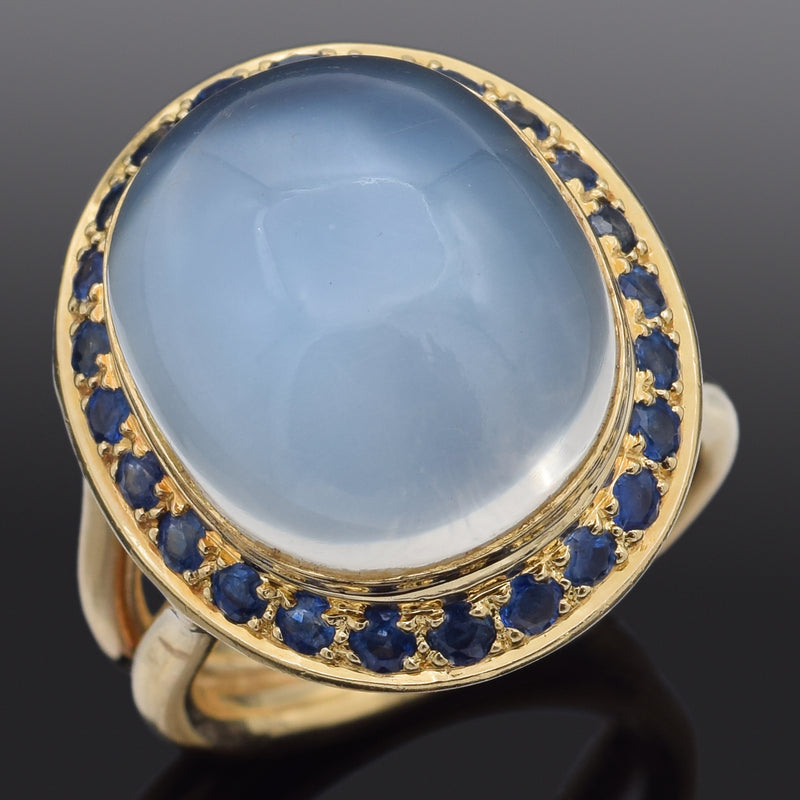 Vintage 18K Yellow Gold 18.60 Ct Moonstone & Sapphire Cocktail Ring Size 5.5