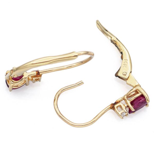 Estate 14K Yellow Gold Ruby & Diamond Leverback Dangle Earrings + Box