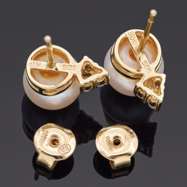 Vintage 14K Yellow Gold Pearl & Diamond Stud Earrings