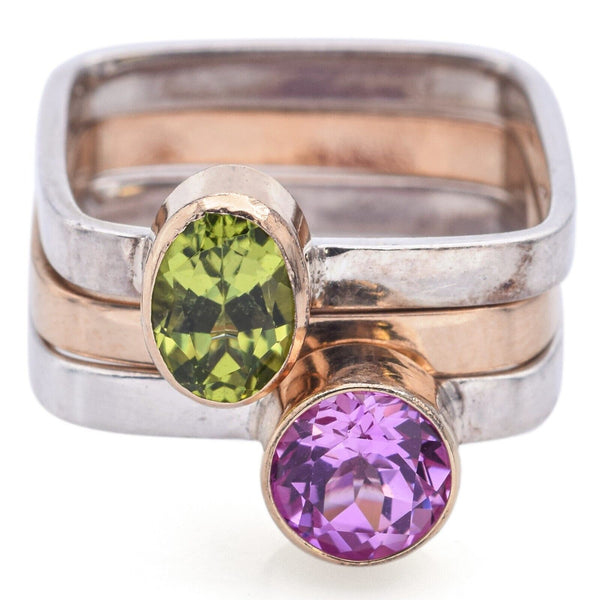 Lot of 3 Silver & 14K Gold Peridot & Pink Sapphire Square Rings Size 5.75