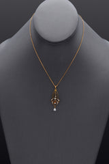 Antique 10K Yellow Gold Pearl, Zircon & Diamond Pendant Necklace + Box