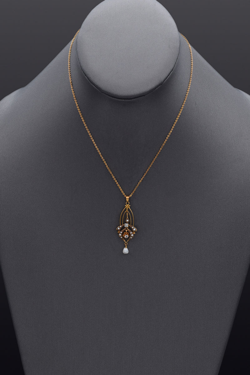 Antique 10K Yellow Gold Pearl, Zircon & Diamond Pendant Necklace + Box