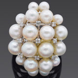 Vintage 10K White Gold Pearl & Diamond Cluster Cocktail Ring Size 5