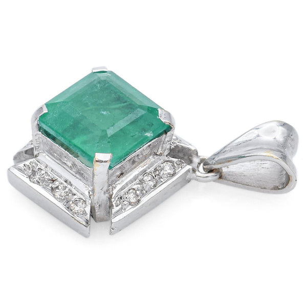 Vintage 17K White Gold 2.28 Ct Emerald & Diamond Square Pendant