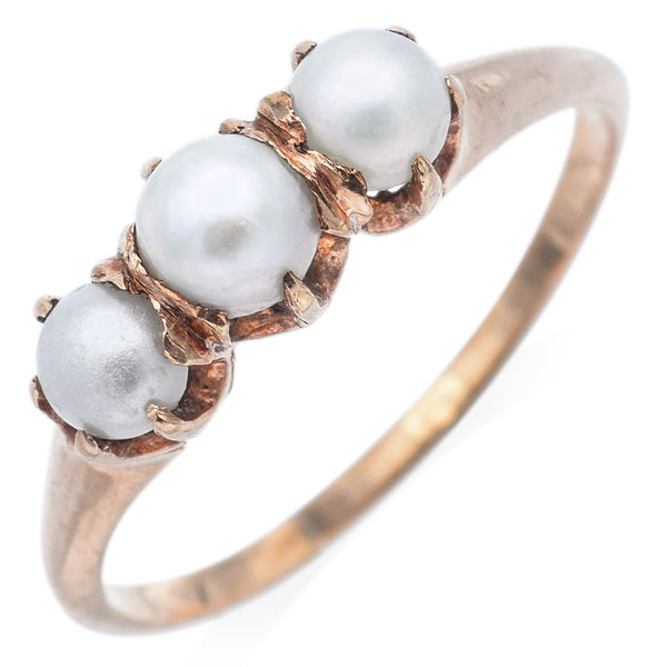Antique 14K Yellow Gold Pearl Three-Stone Band Ring Size 6