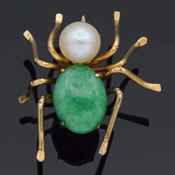 Vintage 14K Yellow Gold Green Jade & Pearl Spider Insect Lapel Pin Tie Tack