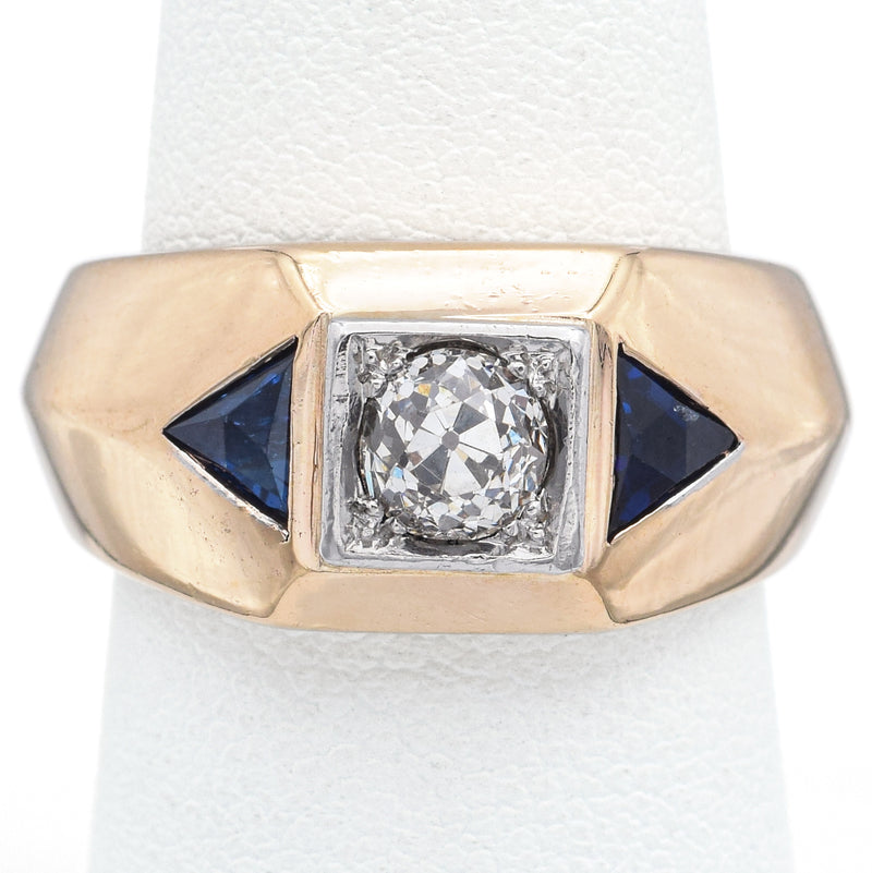 Vintage 14K Yellow Gold Sapphire & 0.65 Ct Old Euro Diamond Ring Size 6.5