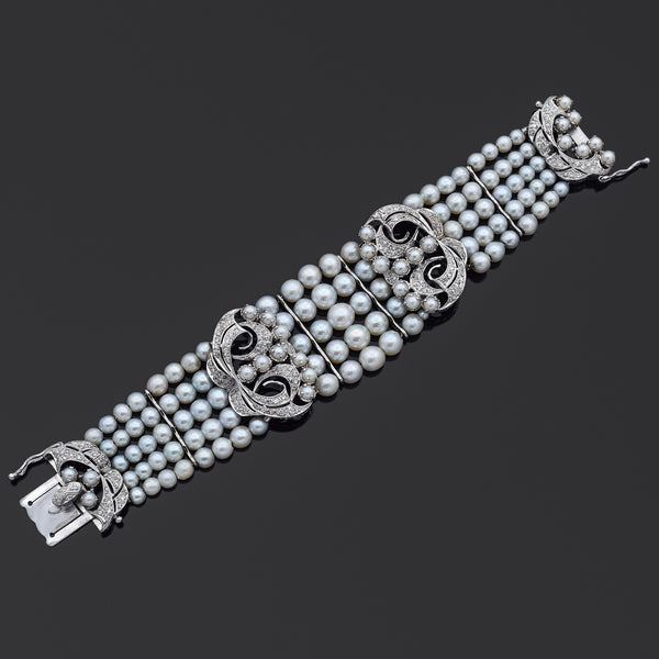 Vintage 1.76 TCW Diamond & Pearl Precious Metal Alloy Multi-Strand Bracelet