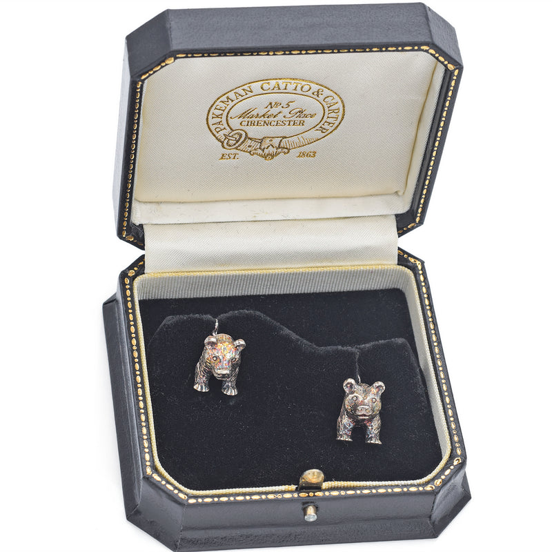 CS Signed Birmingham Sterling Silver Bear Cufflinks + Box
