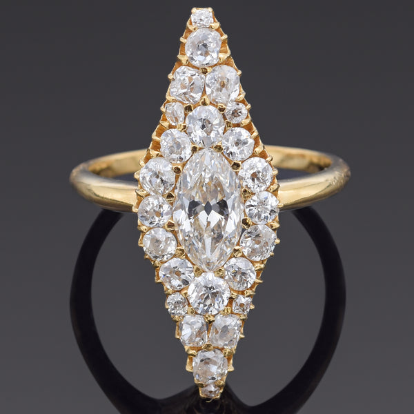 Antique 1.90TCW Diamond 18K Yellow Gold Marquise Cocktail Ring Size 6.5 with Box
