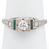 Antique Art Deco 18K White Gold 0.40 TCW Diamond & Emerald Band Ring Size 7