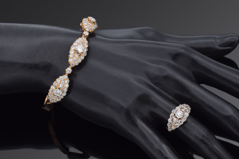 Antique 14K Yellow Gold 9.16 TCW Diamond Bracelet, Ring & Earrings Set