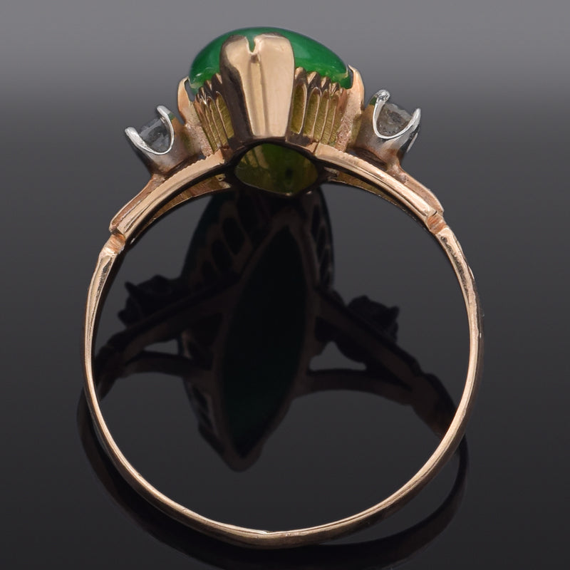 Vintage 18K Yellow Gold Green Jade & Diamond Marquise Cocktail Ring Size 5