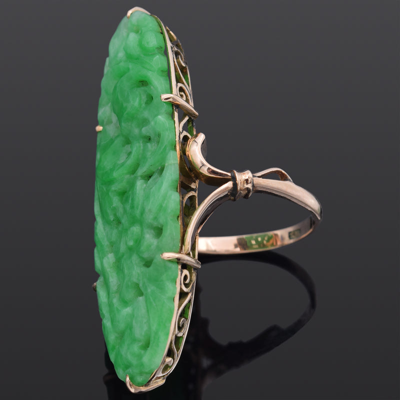 Vintage 14K Yellow Gold Green Jade Carved Floral Ring Size 6