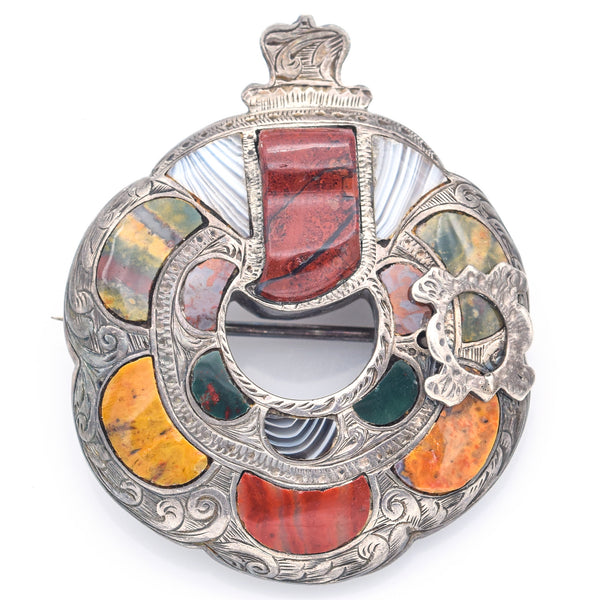 Antique Victorian Multi-Stone Silver Scottish Garter Brooch Pin