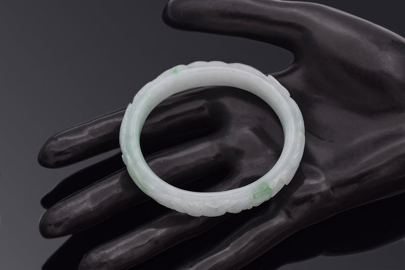 GIA Translucent Variegated Light Gray & Green Carved Jadeite Jade Bangle Bracelet