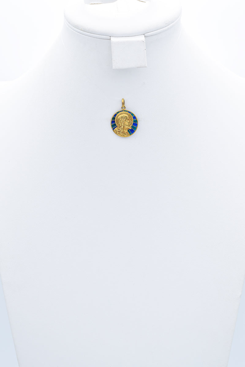 Antique French 18K Yellow Gold Plique-à-Jour Glass Jesus Medal Pendant