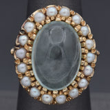 Vintage 14K Yellow Gold 12.81 Ct Aquamarine & Pearl Cocktail Ring Size 7