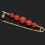 Vintage 18K Yellow Gold Red Coral Bead Safety Pin Brooch Pin