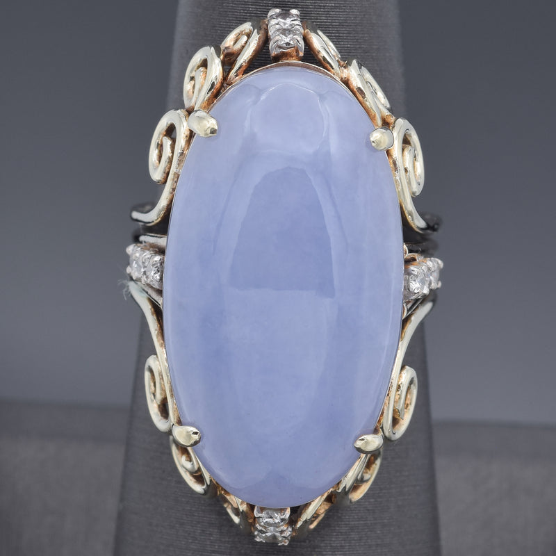 Vintage 14K Yellow Gold 21.56 Ct. Lavender Jade & Diamond Cocktail Ring Size 7