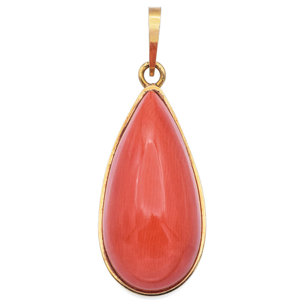 Vintage 18K Yellow Gold Red Coral Pear Pendant