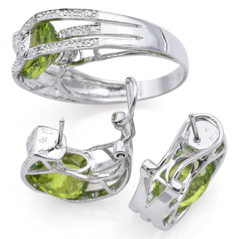 Estate 14K White Gold Peridot & 0.54 TCW Diamond Ring & Omega-Back Earrings Set