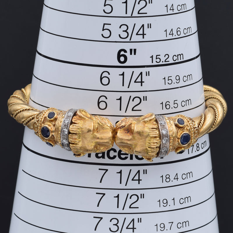 Vintage 18K Yellow Gold 0.51 TCW Diamond & Sapphire Lion Bangle Bracelet