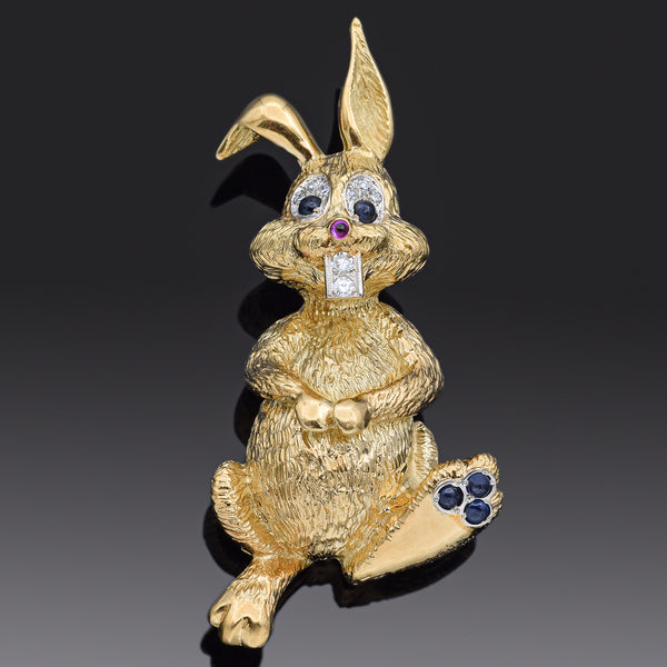 Vintage 18K Yellow Gold Sapphire, Ruby & Diamond Bunny Rabbit Brooch Pin